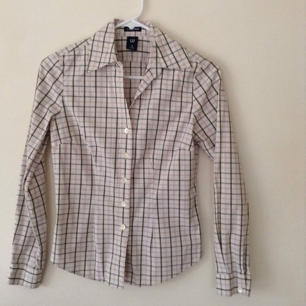 Gap button down white, olive, and pink